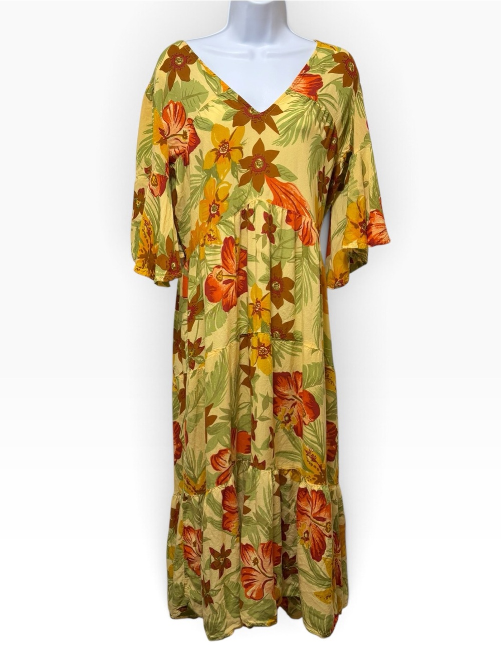 Faithfull the Brand Yellow Tropical Floral V-Neck Tiered Midi Dress XL - Picture 2 of 6